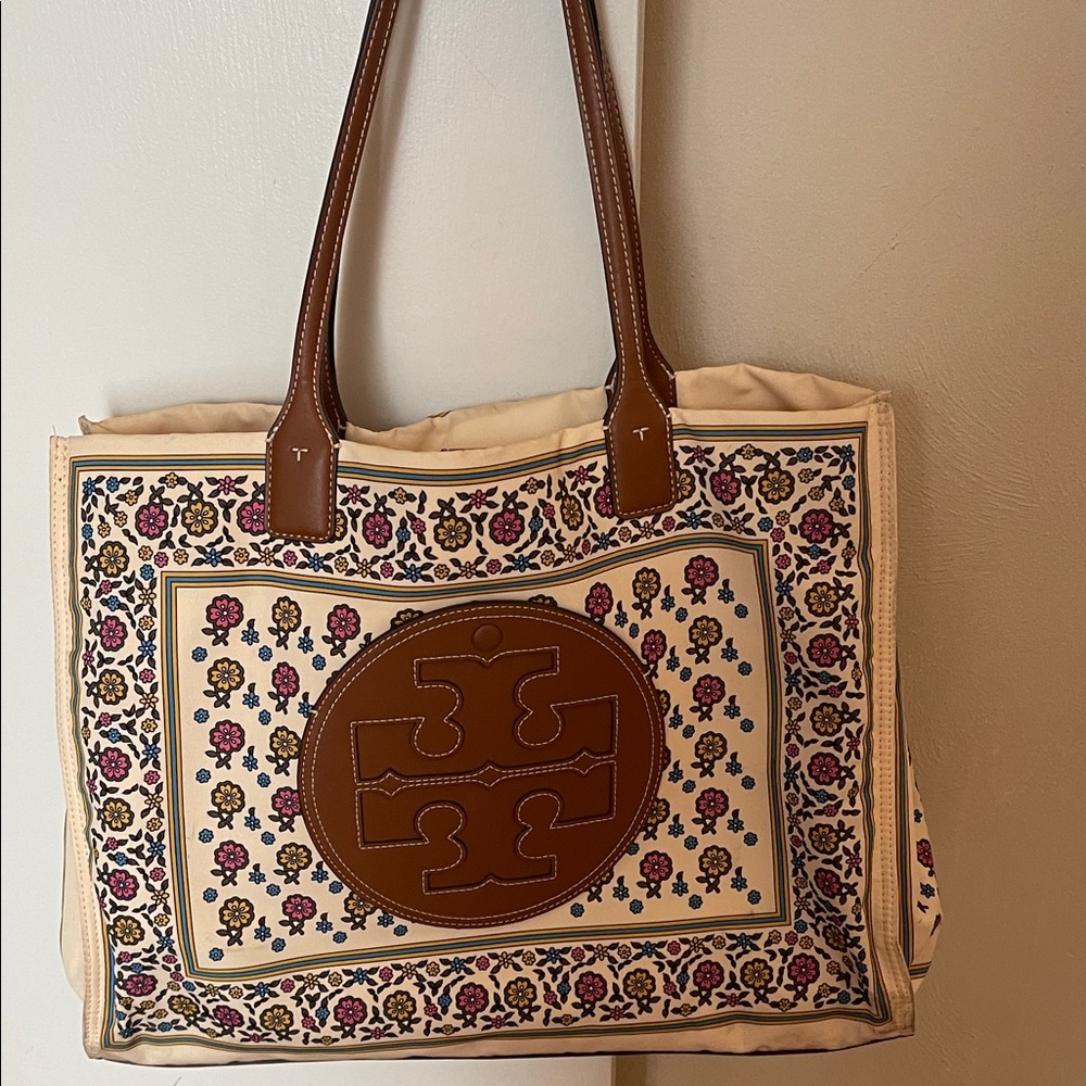 Designer Floral Tote with Brown Leather Accents
